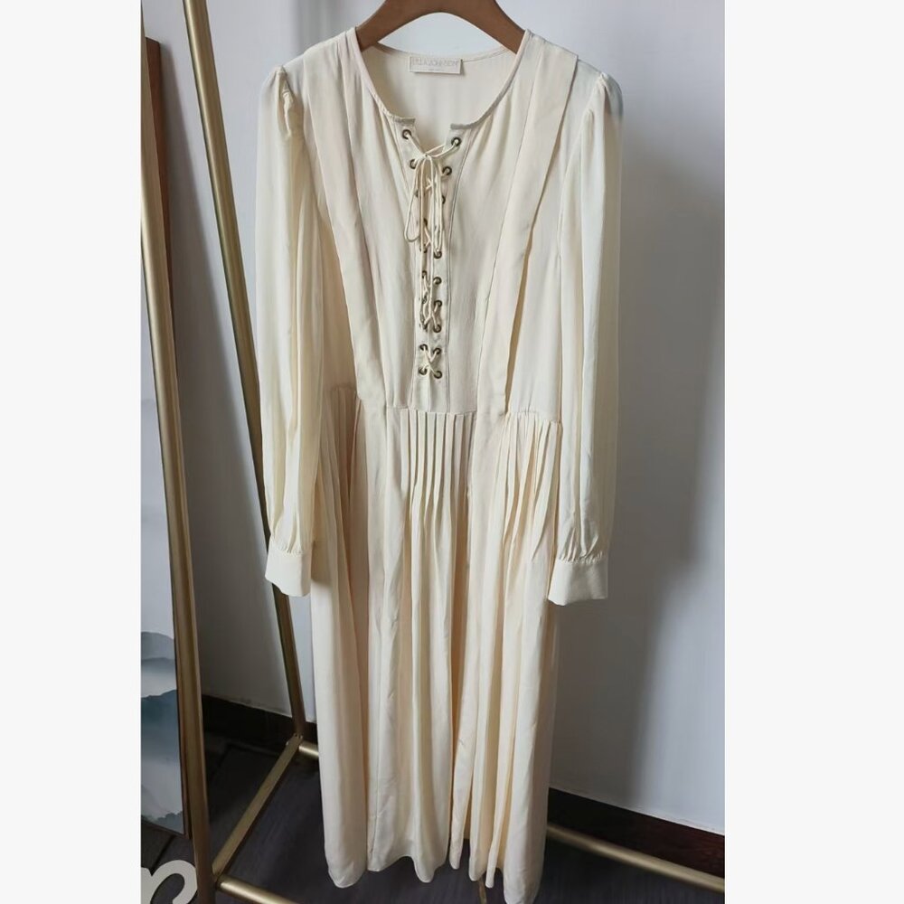 BEST Ulla Johnson Veria Lace Front Midi Dress - Cowrie Cream Silk Lace Up - Picture 4 of 8